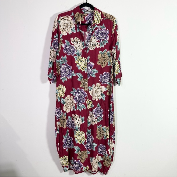 Alembika Maroon Floral Short Sleeve Button Front Maxi Shirt Dress